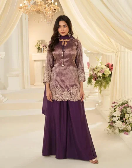 Wine Colour Jacquard Beads By Sayuri Viscose Silk Readymade Suits Wholesale